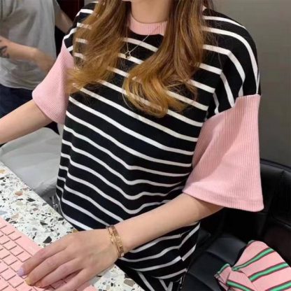 韩国东大门女装2020春夏横条条纹色拼接弹力短袖衫宽松T恤潮