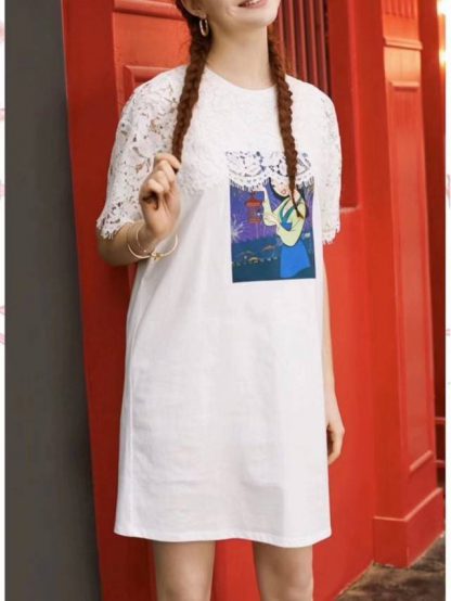 Vero Moda花木兰联名合作款2020春夏新款蕾丝拼接纯棉T恤式连衣裙