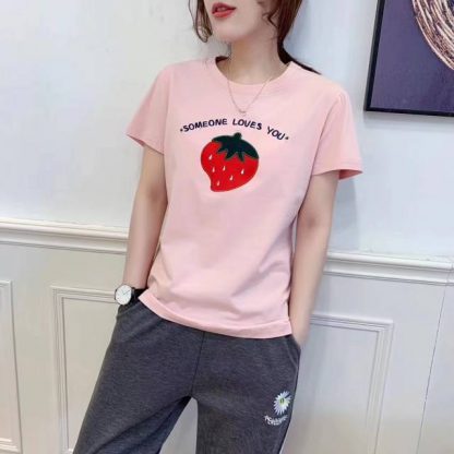 2020夏款韩版ins潮流网红草莓刺绣短袖圆领水果t恤时尚宽松上衣女