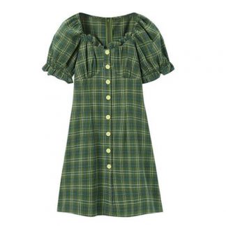 乐町连衣裙2020夏装女新款正品商场同款俏皮可爱绿格子连衣裙小个子女装显瘦显高